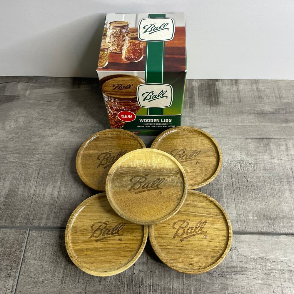 NIB BALL Jar Acacia Wood Storage Lids 5 Pack Regular Mouth High Quality